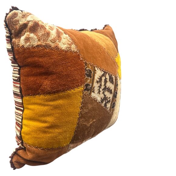 VTG Patchwork Throw Pillow 14” Brown Orange Yellow Striped Retro Boho Velour 70s - Picture 4 of 16